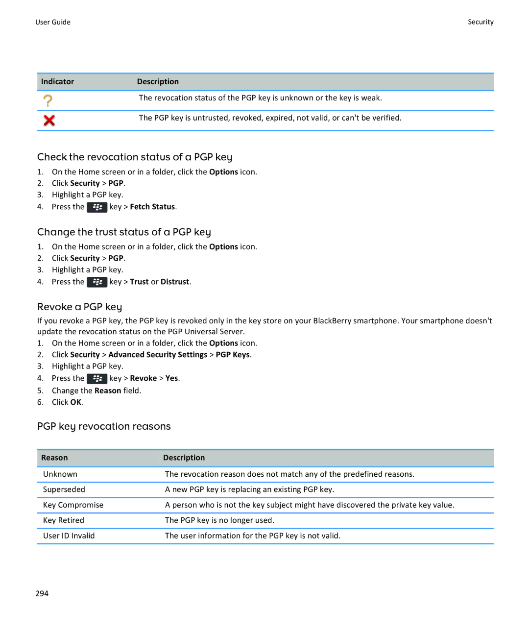 Blackberry 9370, 9360 Check the revocation status of a PGP key, Change the trust status of a PGP key, Revoke a PGP key 