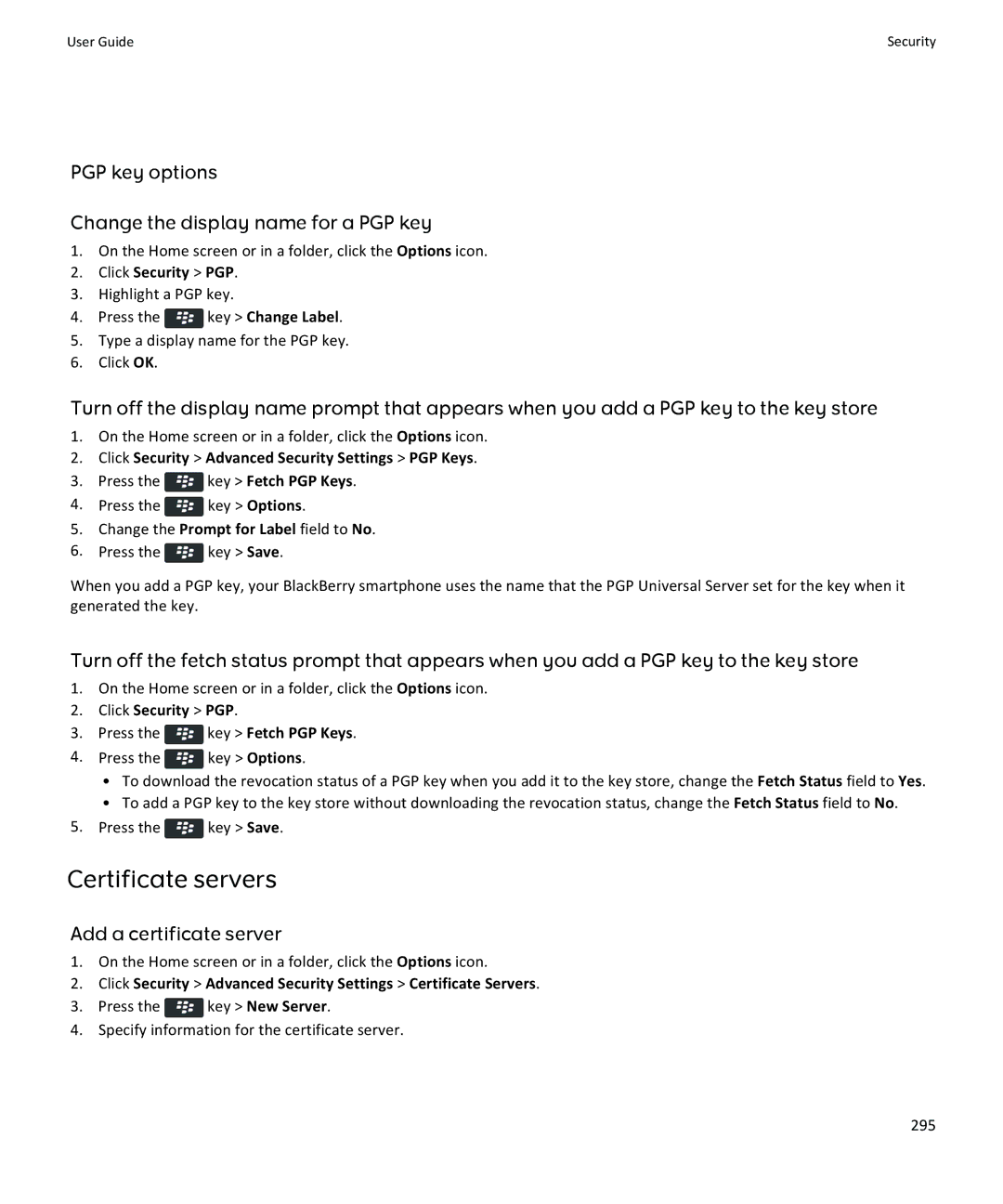 Blackberry 9360, 9350 Certificate servers, PGP key options Change the display name for a PGP key, Add a certificate server 
