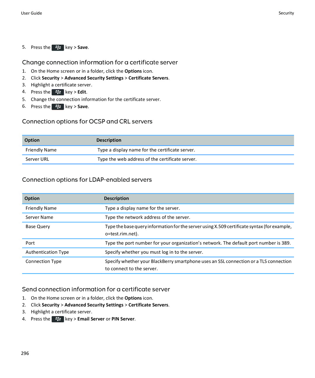 Blackberry 9350, 9360 Change connection information for a certificate server, Connection options for Ocsp and CRL servers 