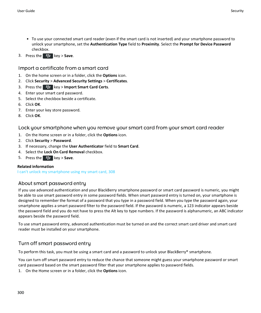 Blackberry 9370, 9360 Import a certificate from a smart card, About smart password entry, Turn off smart password entry 