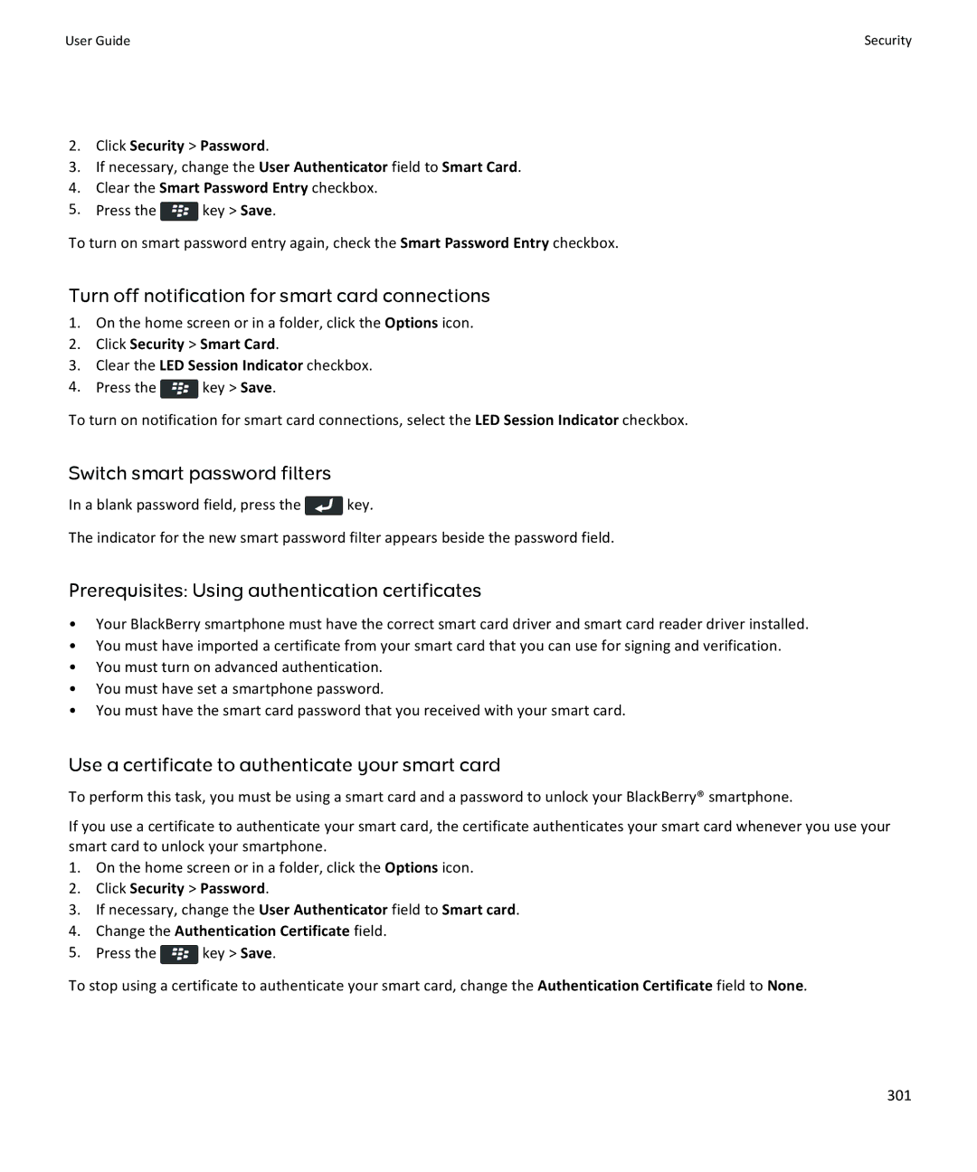 Blackberry 9360, 9350, 9370 manual Turn off notification for smart card connections, Switch smart password filters 