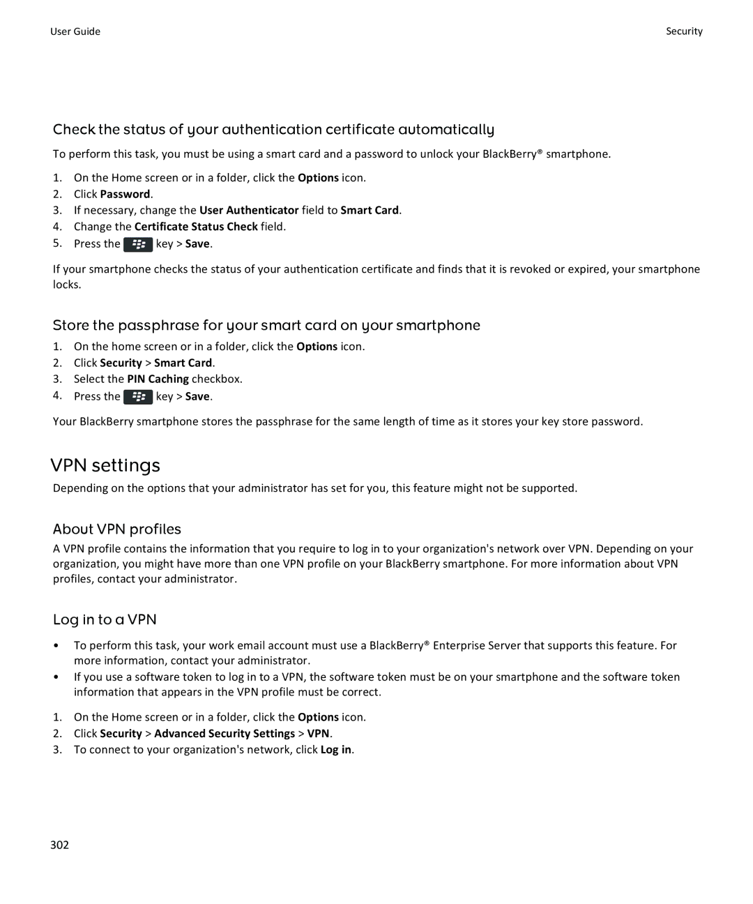 Blackberry 9350, 9360, 9370 VPN settings, Store the passphrase for your smart card on your smartphone, About VPN profiles 