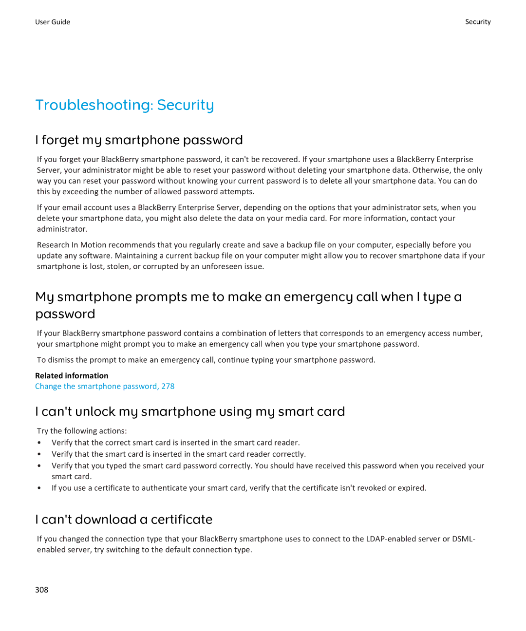 Blackberry 9350, 9360 Troubleshooting Security, Cant unlock my smartphone using my smart card, Cant download a certificate 