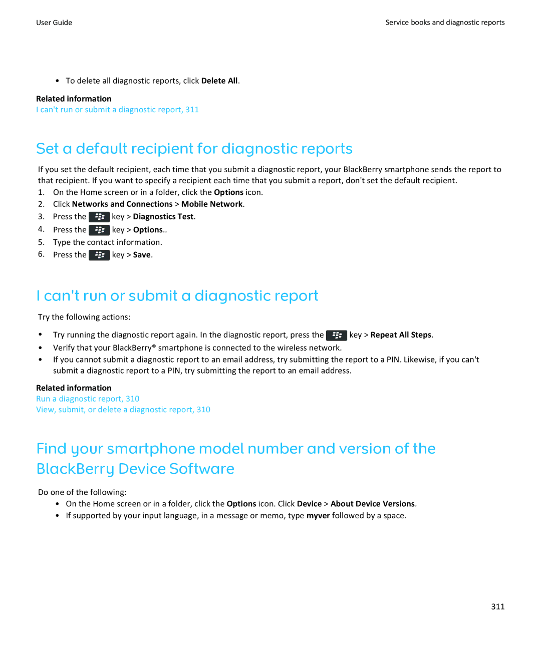 Blackberry 9350, 9360, 9370 manual Set a default recipient for diagnostic reports, Cant run or submit a diagnostic report 