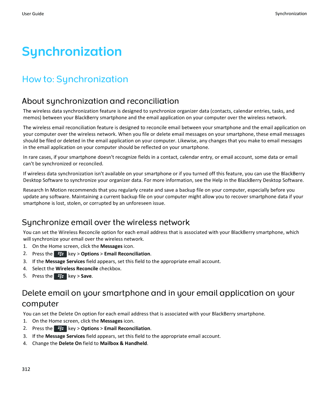 Blackberry 9370, 9360, 9350 manual How to Synchronization, Synchronize email over the wireless network, 312 