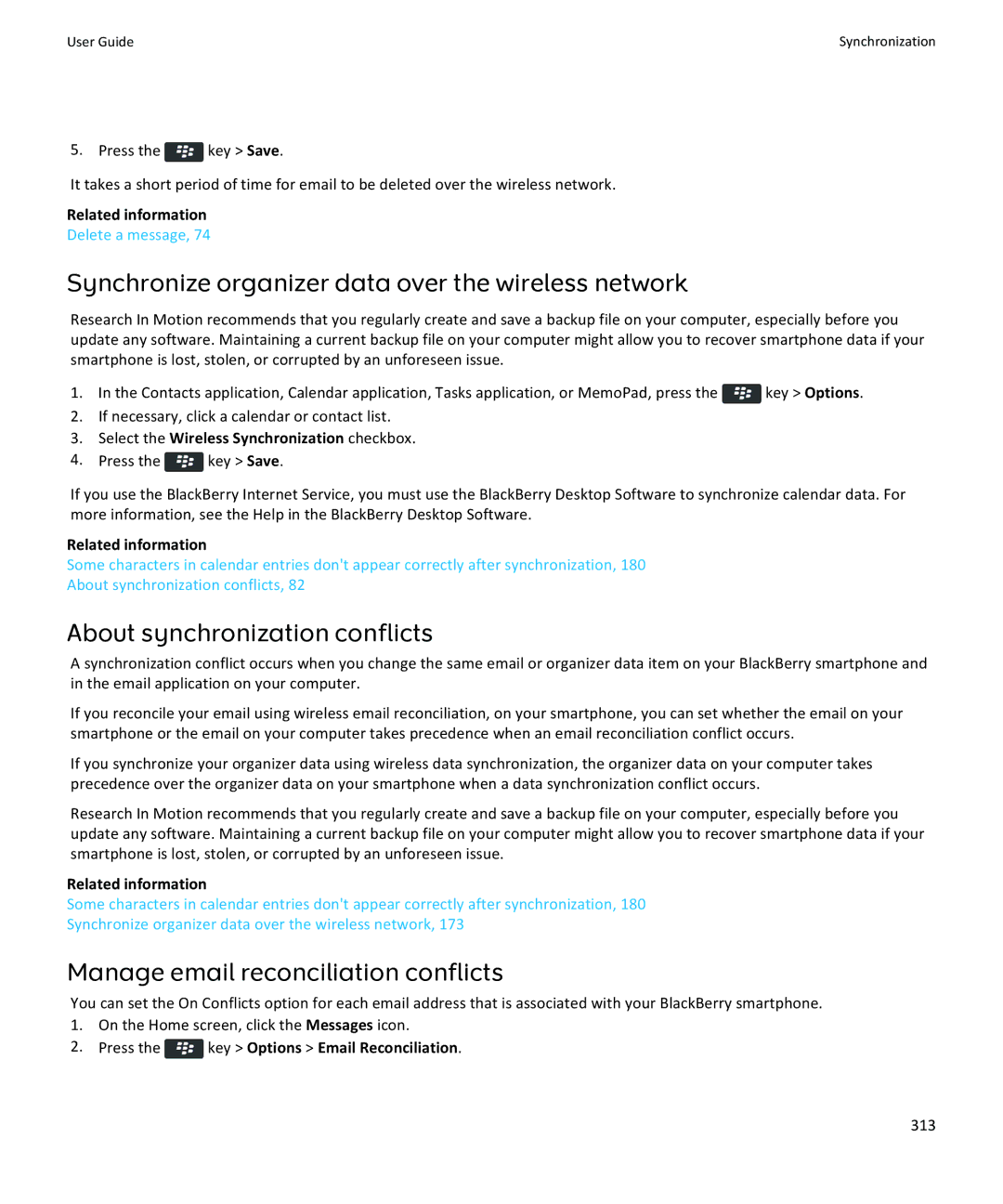 Blackberry 9360, 9350, 9370 manual Manage email reconciliation conflicts, 313 
