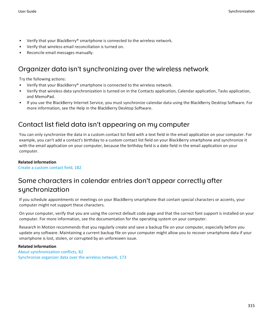 Blackberry 9370, 9360, 9350 manual Contact list field data isnt appearing on my computer, 315 
