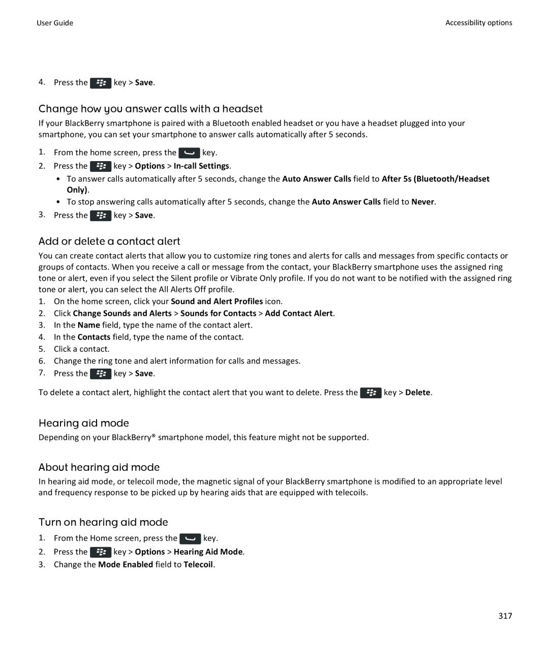 Blackberry 9350, 9360, 9370 Add or delete a contact alert, Hearing aid mode, Change the Mode Enabled field to Telecoil 317 