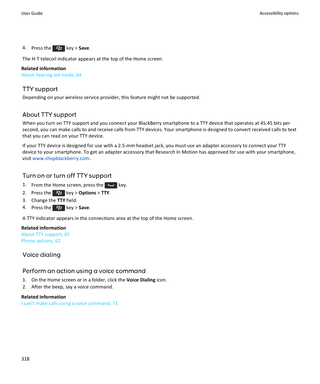 Blackberry 9370, 9360, 9350 manual TTY support, Voice dialing Perform an action using a voice command, 318 