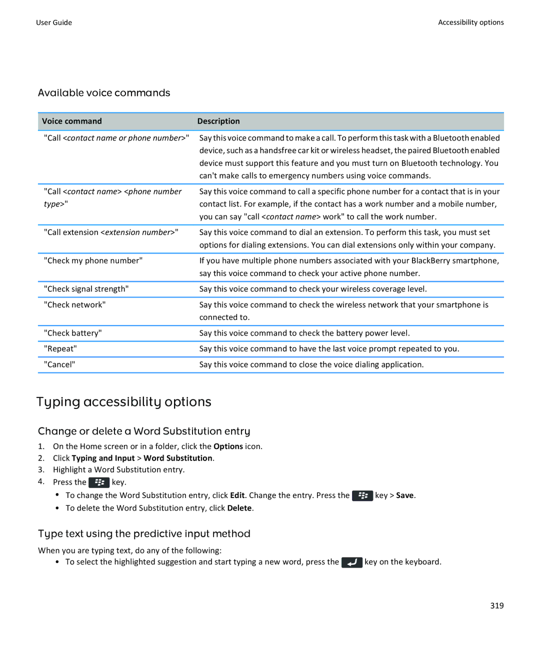 Blackberry 9360, 9350 Typing accessibility options, Available voice commands, Click Typing and Input Word Substitution 