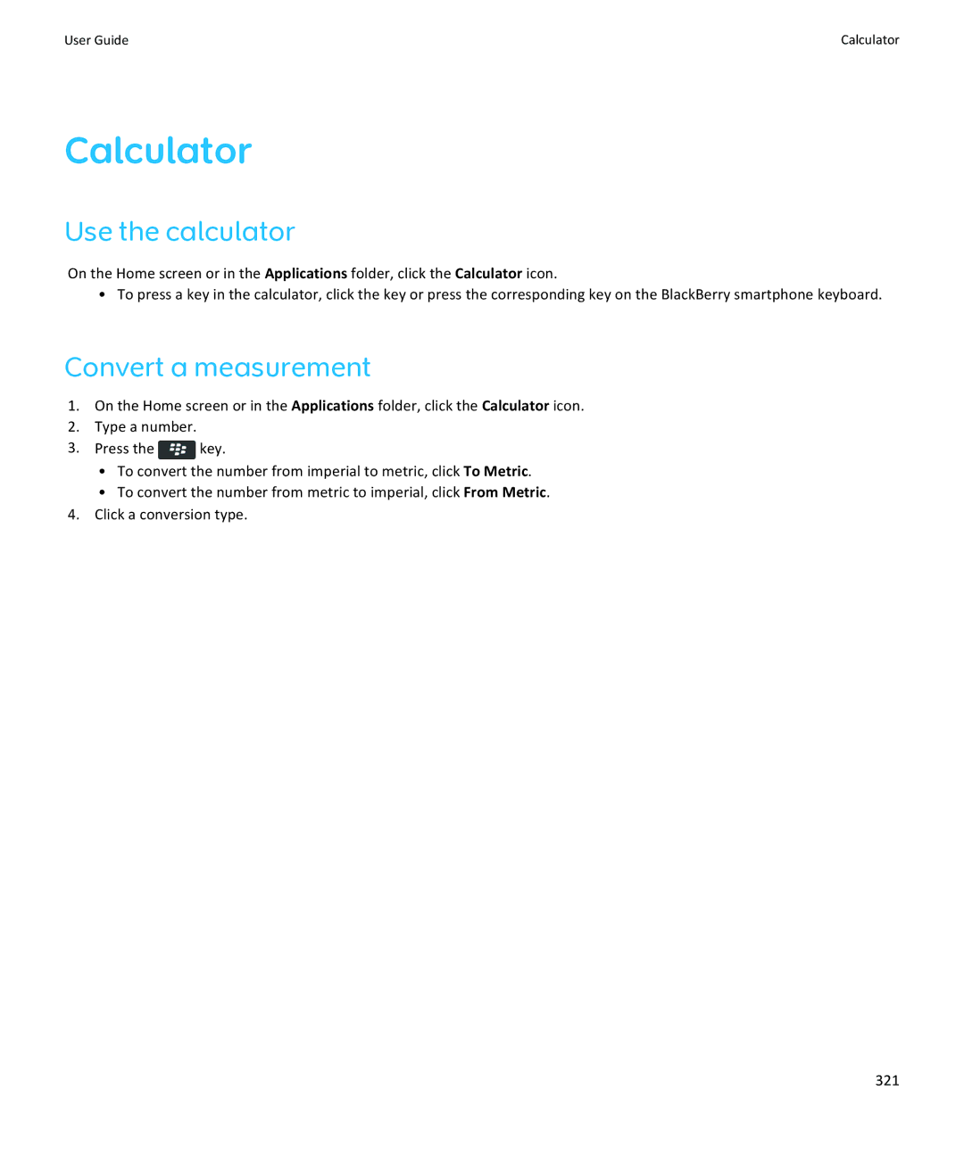 Blackberry 9370, 9360, 9350 manual Calculator, Use the calculator, Convert a measurement 