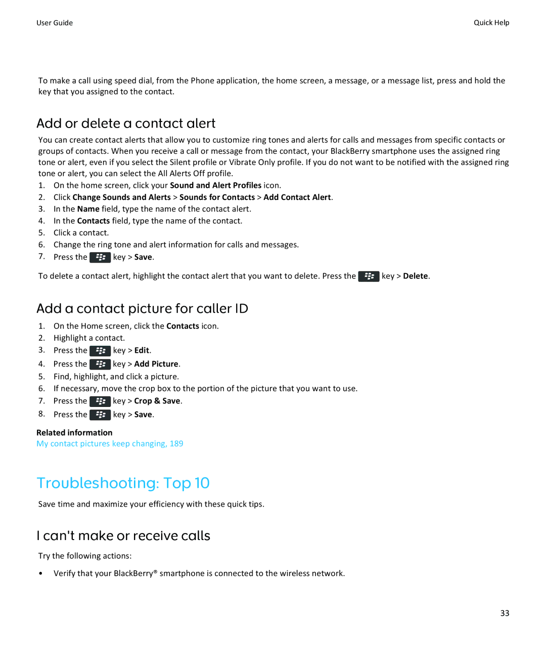 Blackberry 9370, 9360, 9350 manual Troubleshooting Top, Add or delete a contact alert, Add a contact picture for caller ID 