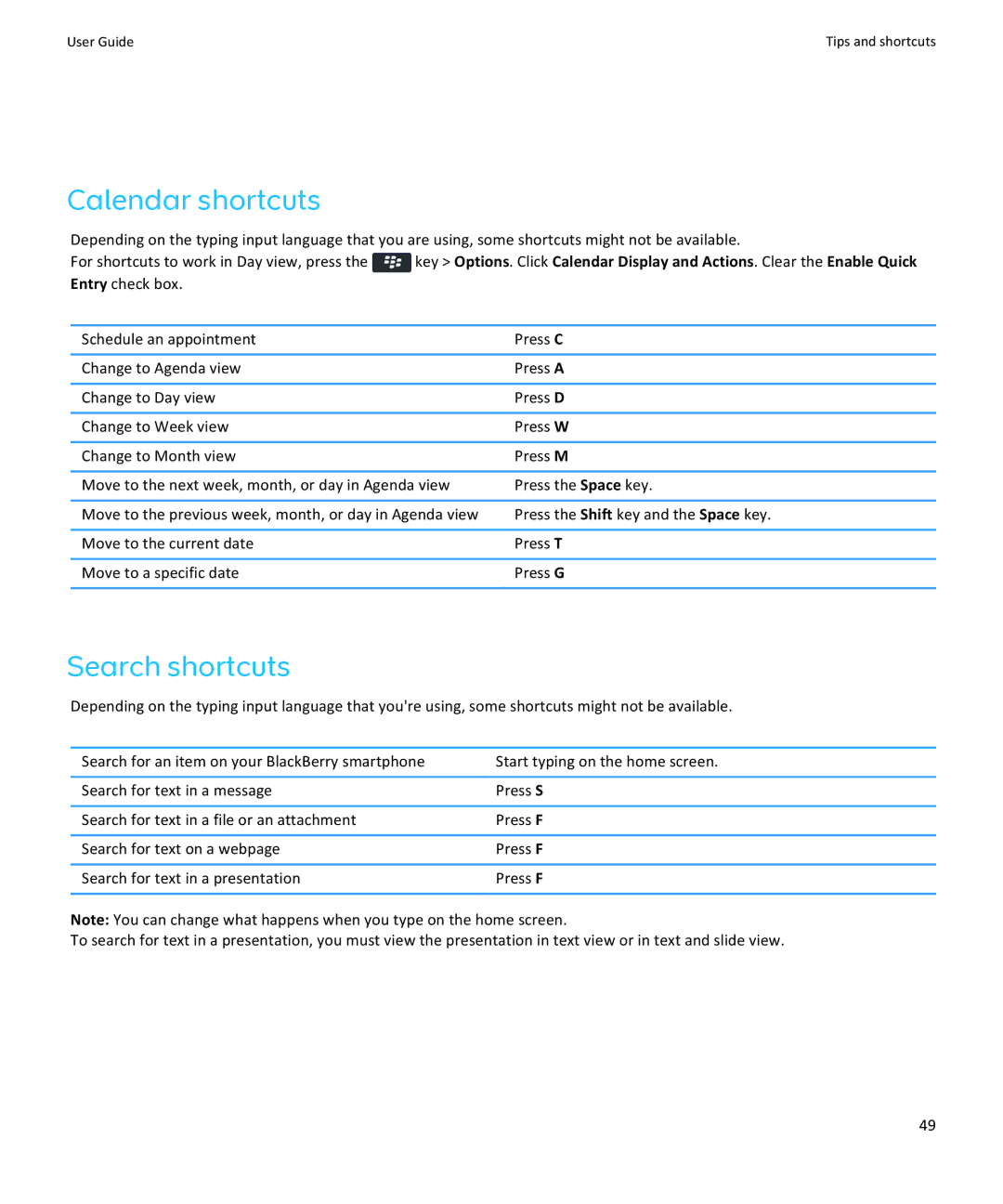 Blackberry 9360, 9350, 9370 manual Calendar shortcuts, Search shortcuts 