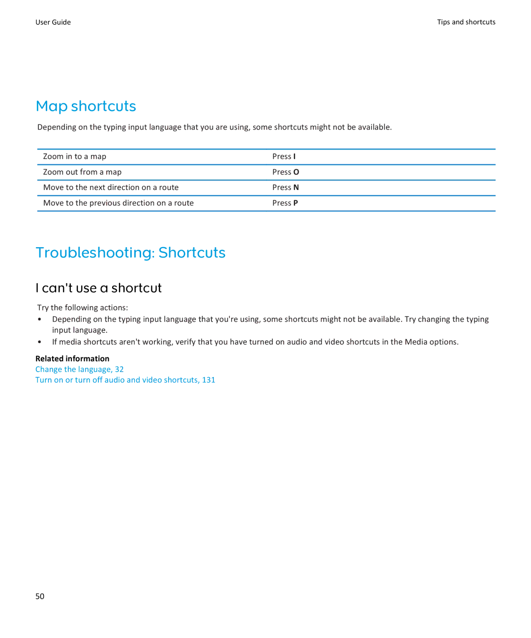 Blackberry 9350, 9360, 9370 manual Map shortcuts, Troubleshooting Shortcuts, Cant use a shortcut 