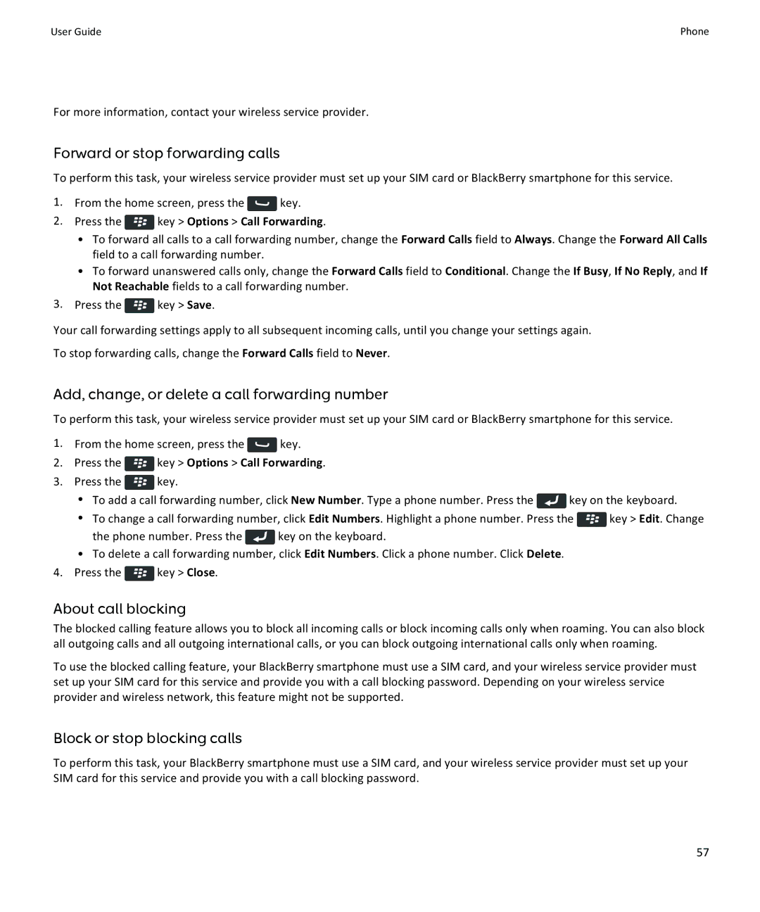 Blackberry 9370 Forward or stop forwarding calls, Add, change, or delete a call forwarding number, About call blocking 