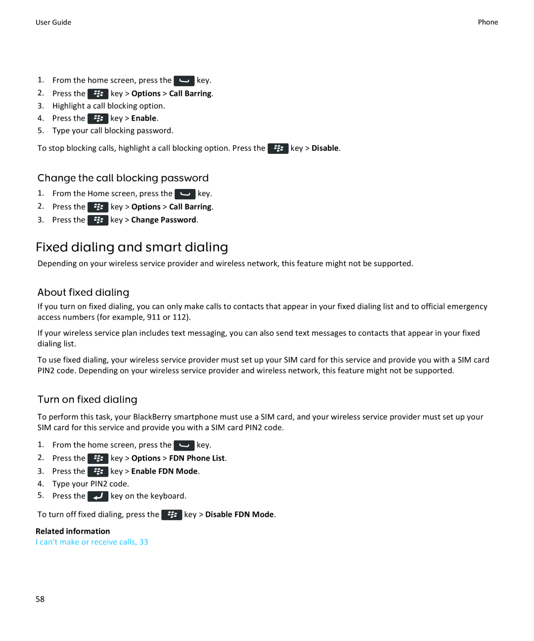 Blackberry 9360, 9350, 9370 manual Fixed dialing and smart dialing, Change the call blocking password, About fixed dialing 