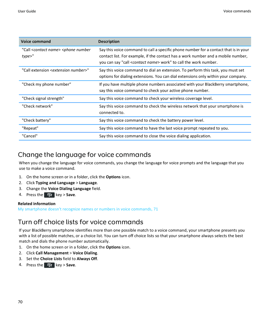 Blackberry 9360, 9350, 9370 manual Change the language for voice commands, Turn off choice lists for voice commands 