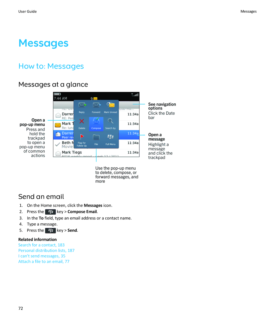 Blackberry 9370, 9360, 9350 manual How to Messages, Messages at a glance Send an email 