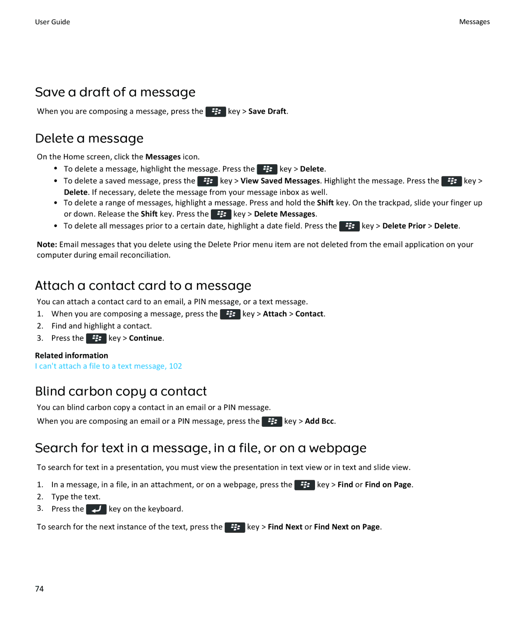 Blackberry 9350, 9360, 9370 manual Save a draft of a message, Delete a message, Attach a contact card to a message 