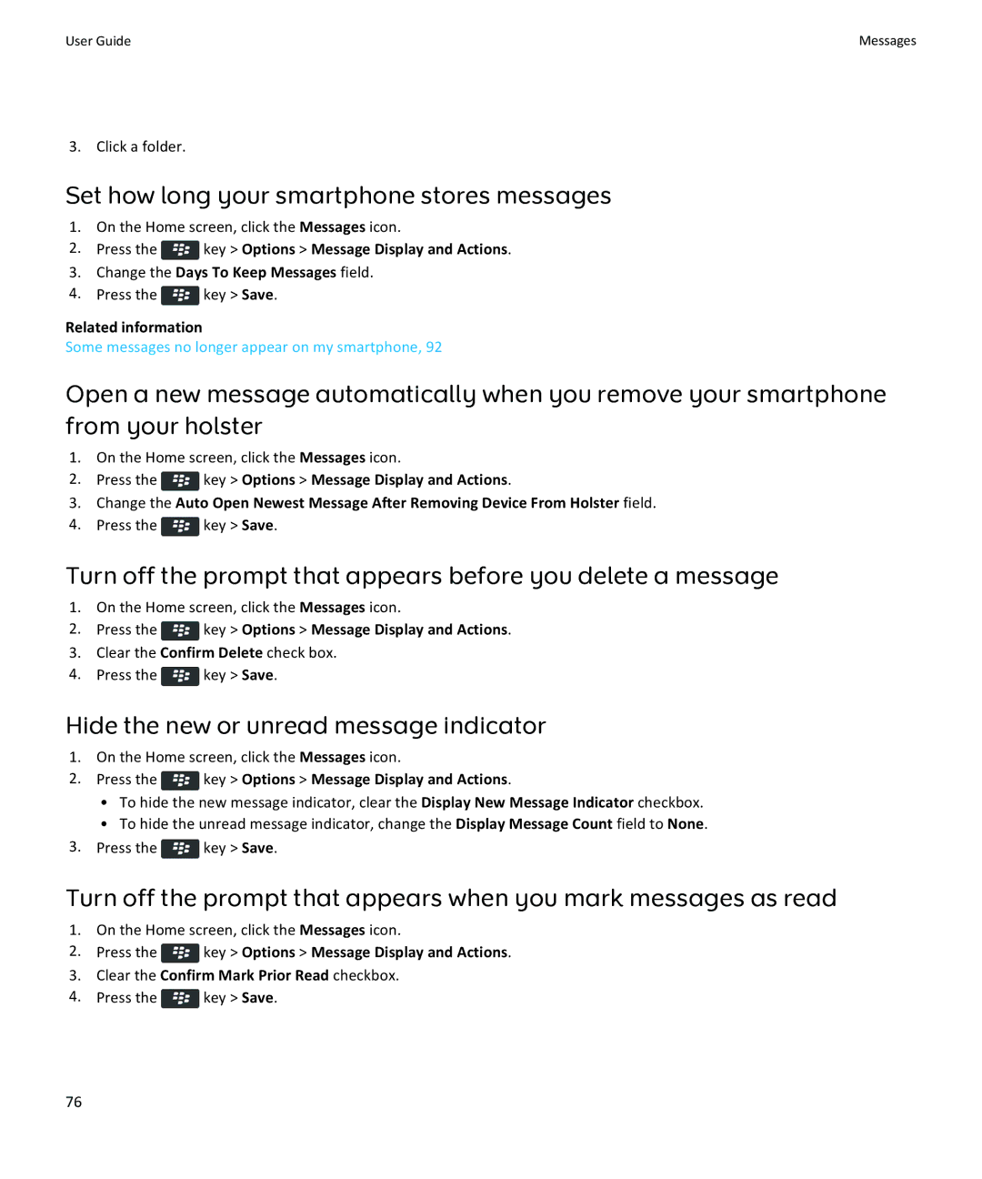 Blackberry 9360 Set how long your smartphone stores messages, Hide the new or unread message indicator, Click a folder 