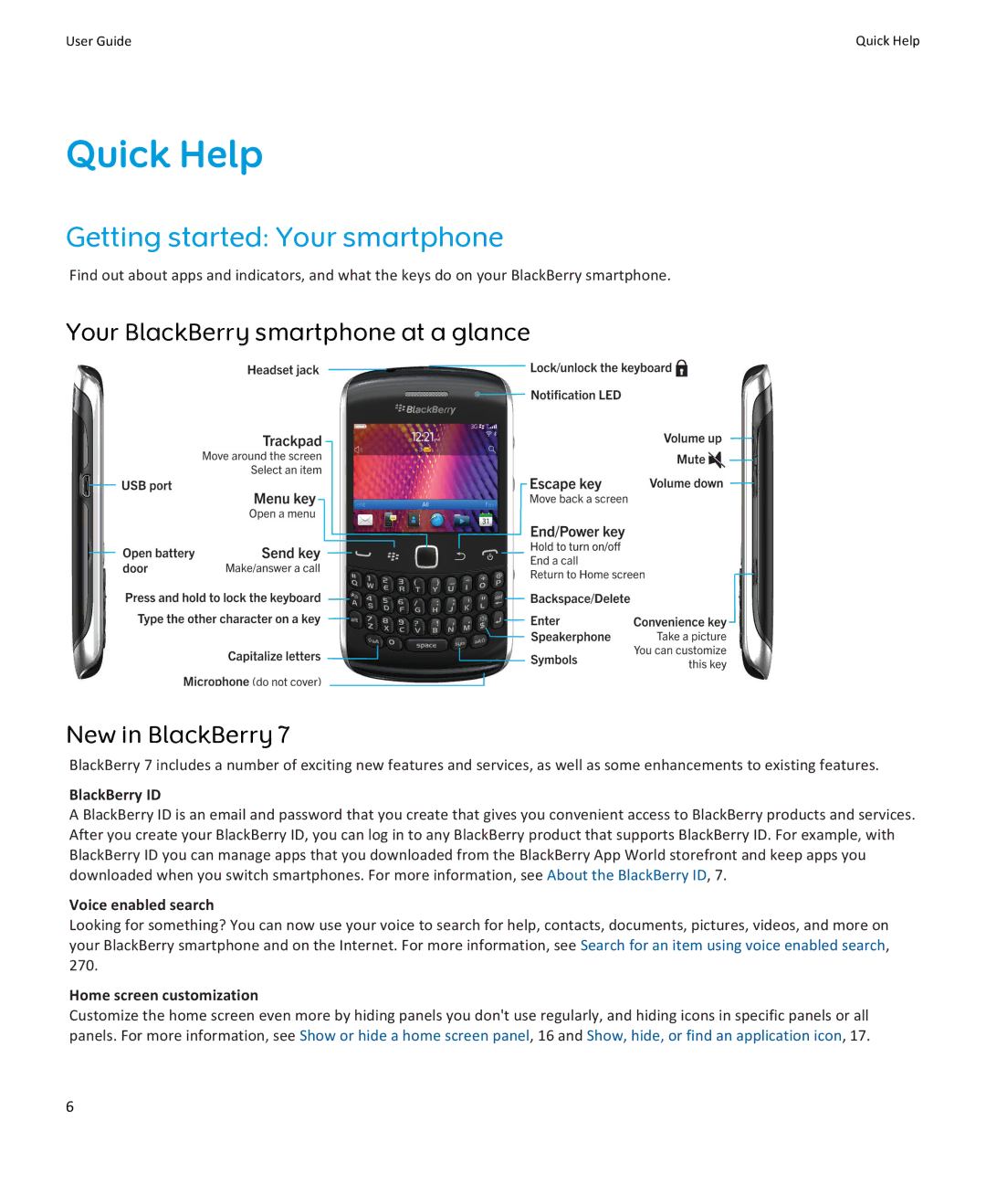 Blackberry 9370 Quick Help, Getting started Your smartphone, Your BlackBerry smartphone at a glance New in BlackBerry 