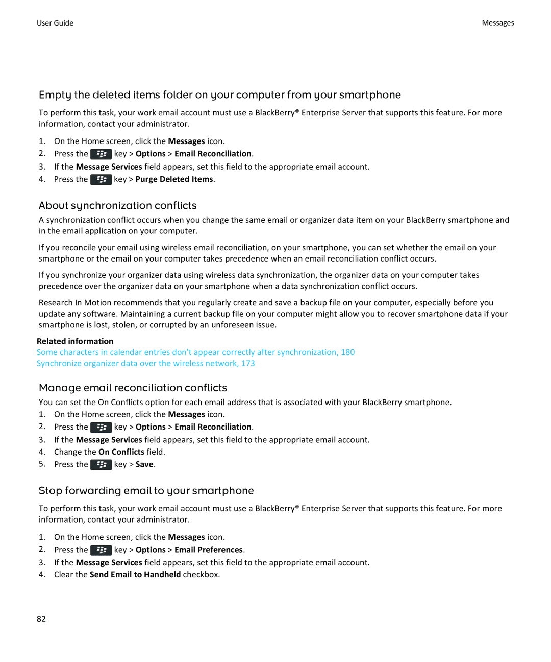 Blackberry 9360, 9350, 9370 manual About synchronization conflicts, Manage email reconciliation conflicts 