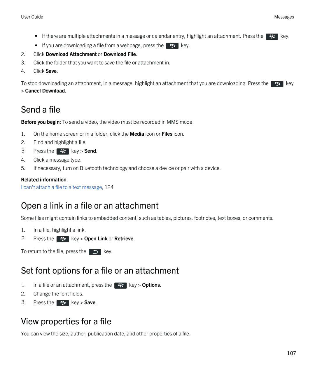 Blackberry 9380 manual Send a file, Open a link in a file or an attachment, Set font options for a file or an attachment 