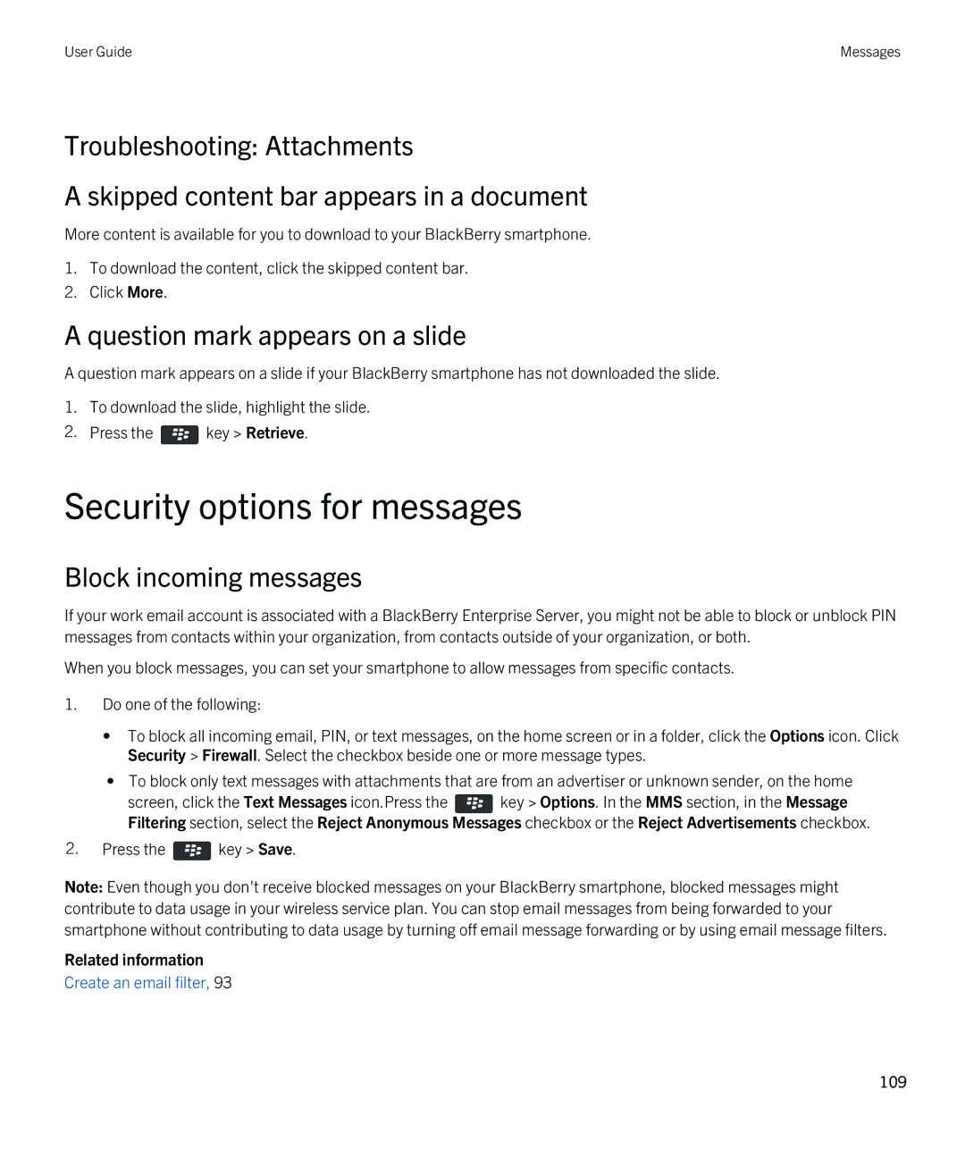 Blackberry 9380 manual Security options for messages, Question mark appears on a slide, Block incoming messages 