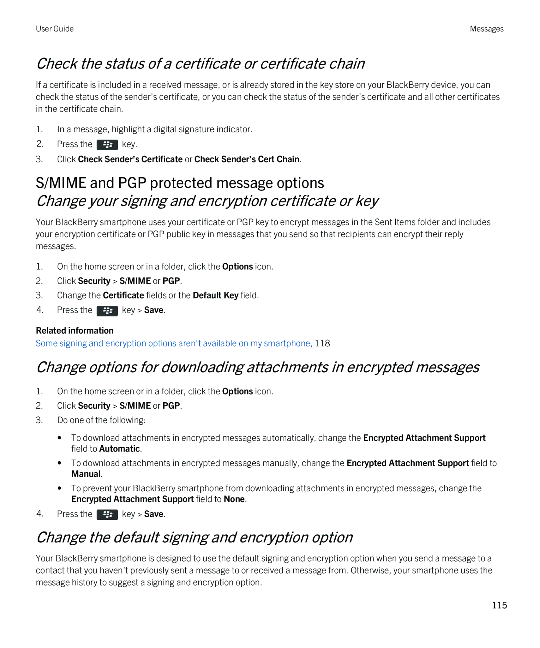 Blackberry 9380 manual Mime and PGP protected message options, Click Security S/MIME or PGP 