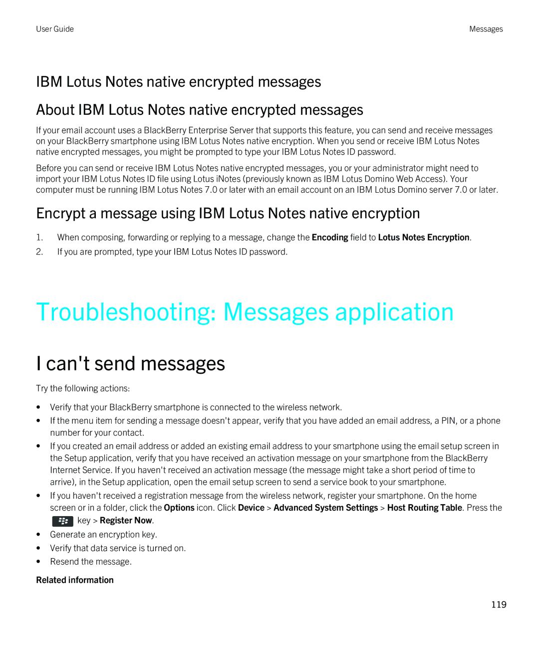 Blackberry 9380 manual Troubleshooting Messages application, Encrypt a message using IBM Lotus Notes native encryption 