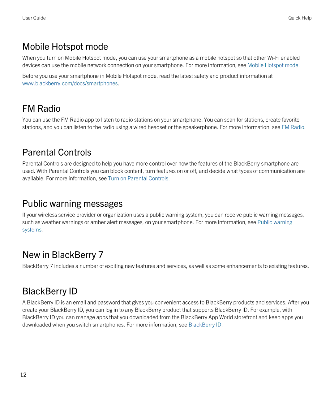 Blackberry 9380 manual Mobile Hotspot mode, FM Radio, Parental Controls, Public warning messages, New in BlackBerry 