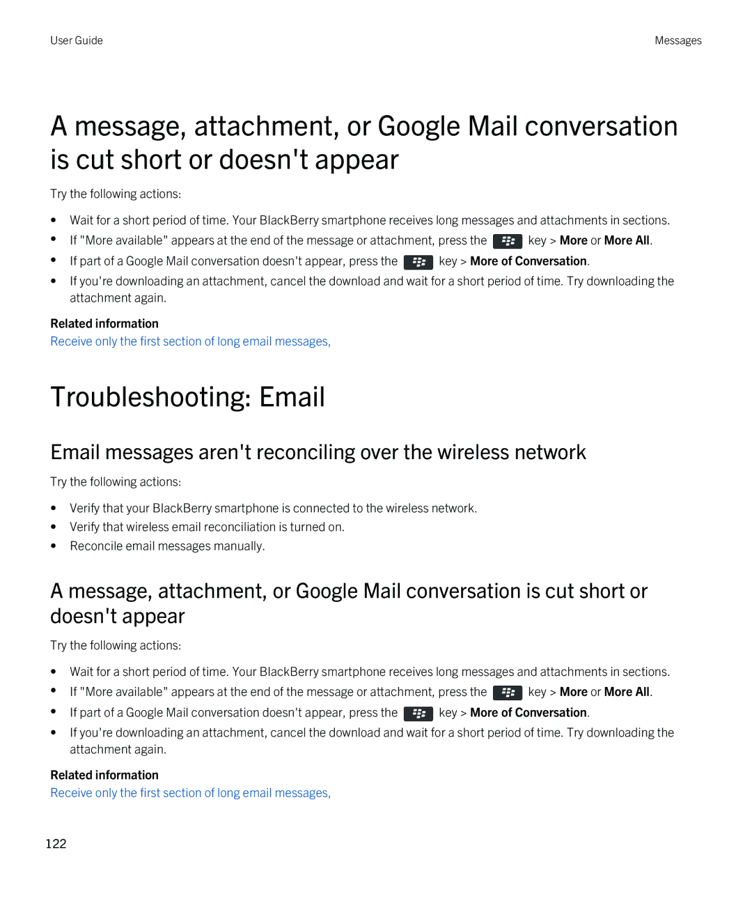 Blackberry 9380 manual Troubleshooting Email, Email messages arent reconciling over the wireless network 