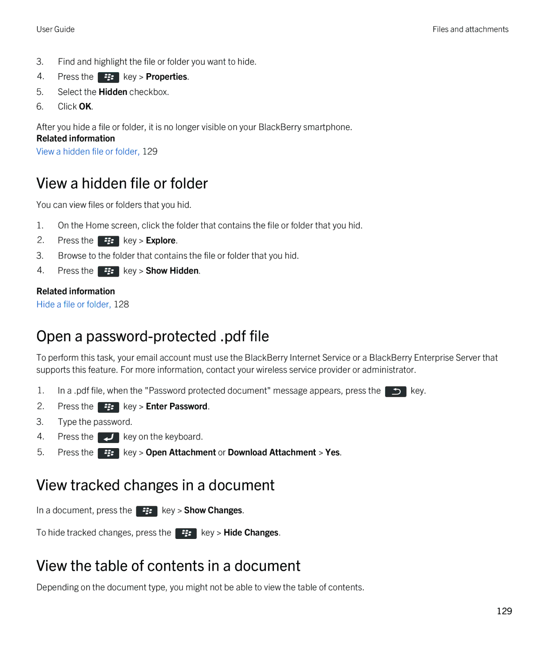 Blackberry 9380 View a hidden file or folder, View tracked changes in a document, View the table of contents in a document 