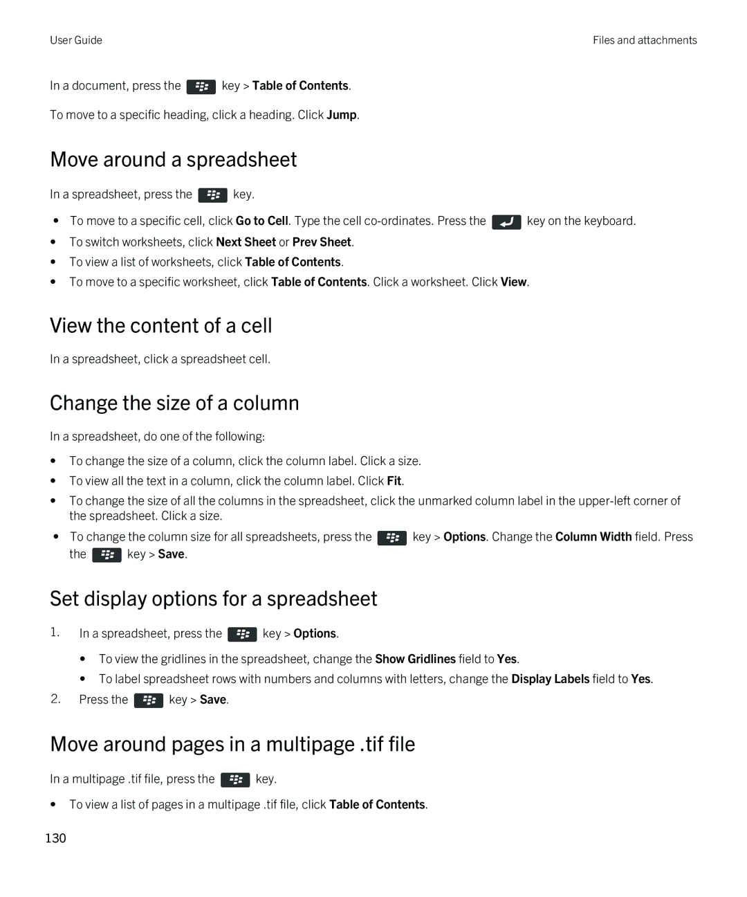 Blackberry 9380 manual Move around a spreadsheet, View the content of a cell, Change the size of a column 