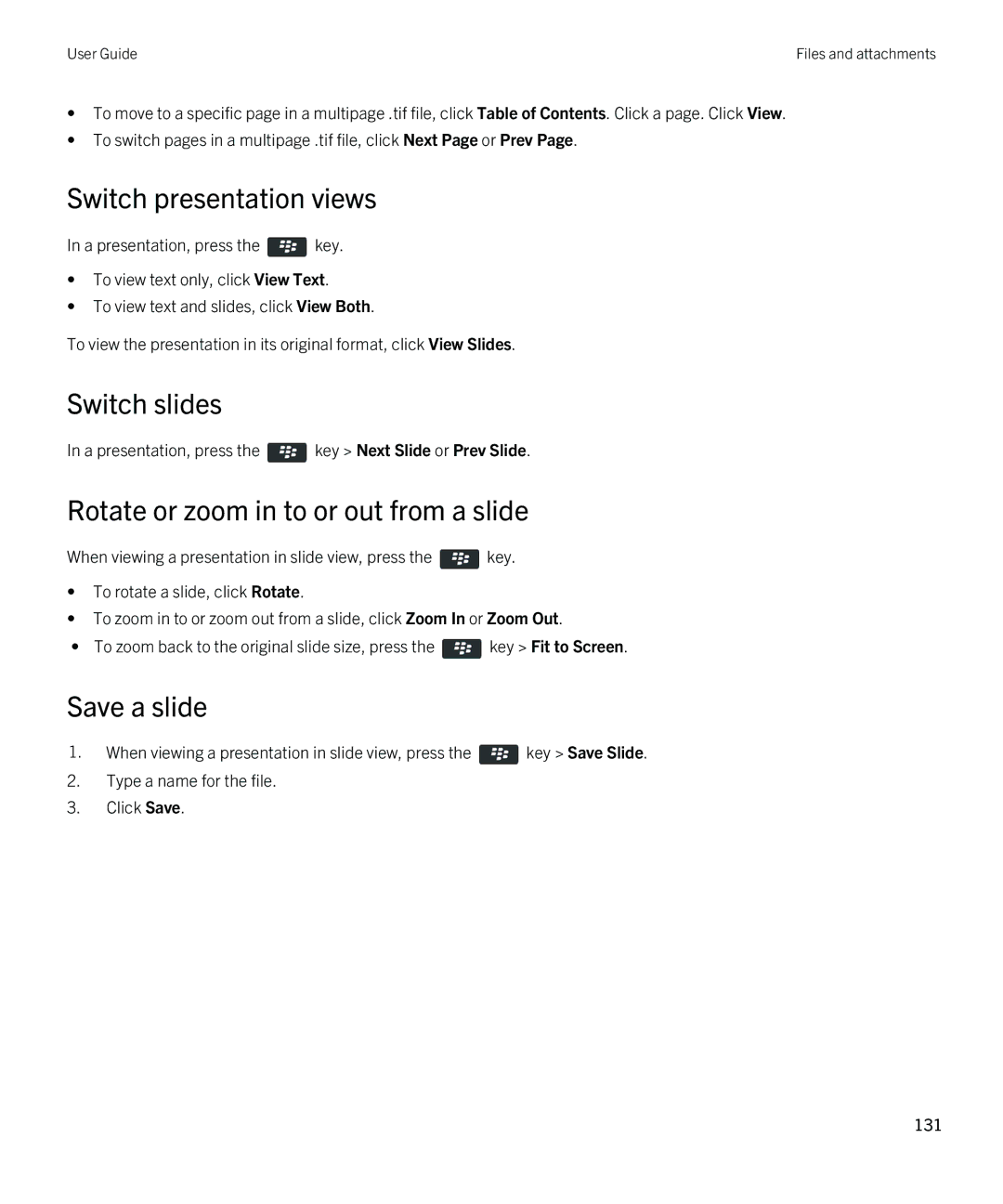 Blackberry 9380 manual Switch presentation views, Switch slides, Rotate or zoom in to or out from a slide, Save a slide 