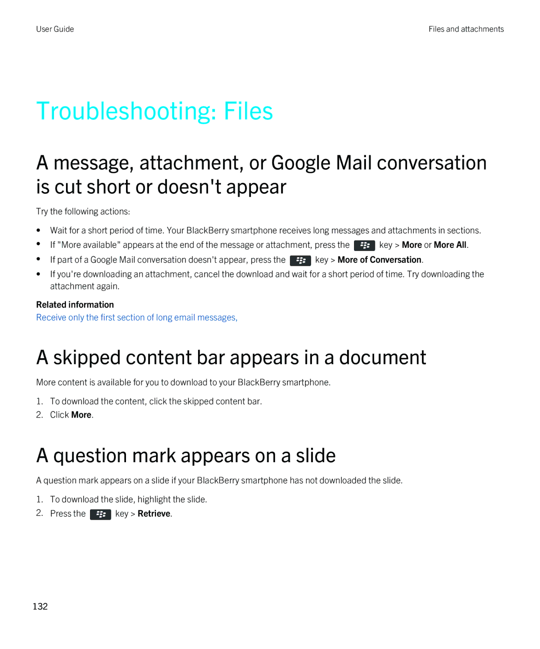 Blackberry 9380 manual Troubleshooting Files, Skipped content bar appears in a document, Question mark appears on a slide 