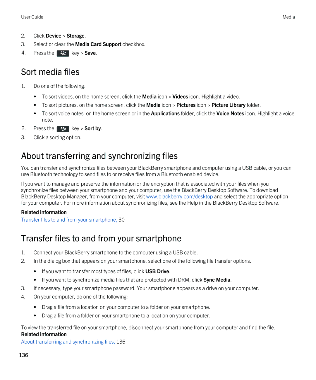 Blackberry 9380 Sort media files, About transferring and synchronizing files, Transfer files to and from your smartphone 