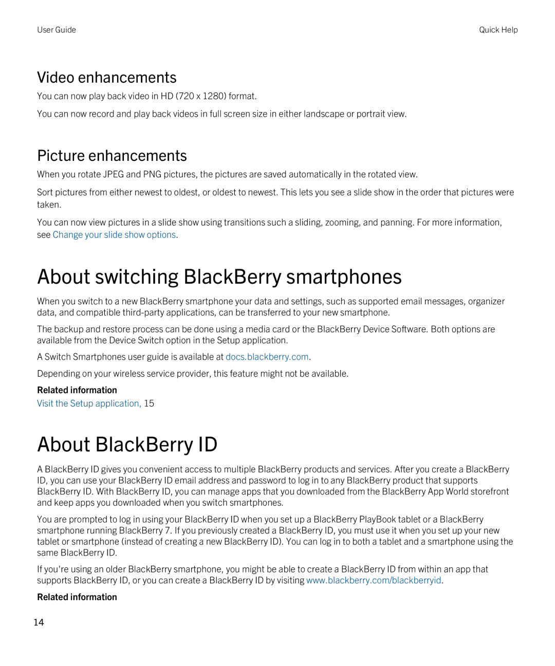 Blackberry 9380 About switching BlackBerry smartphones, About BlackBerry ID, Video enhancements, Picture enhancements 