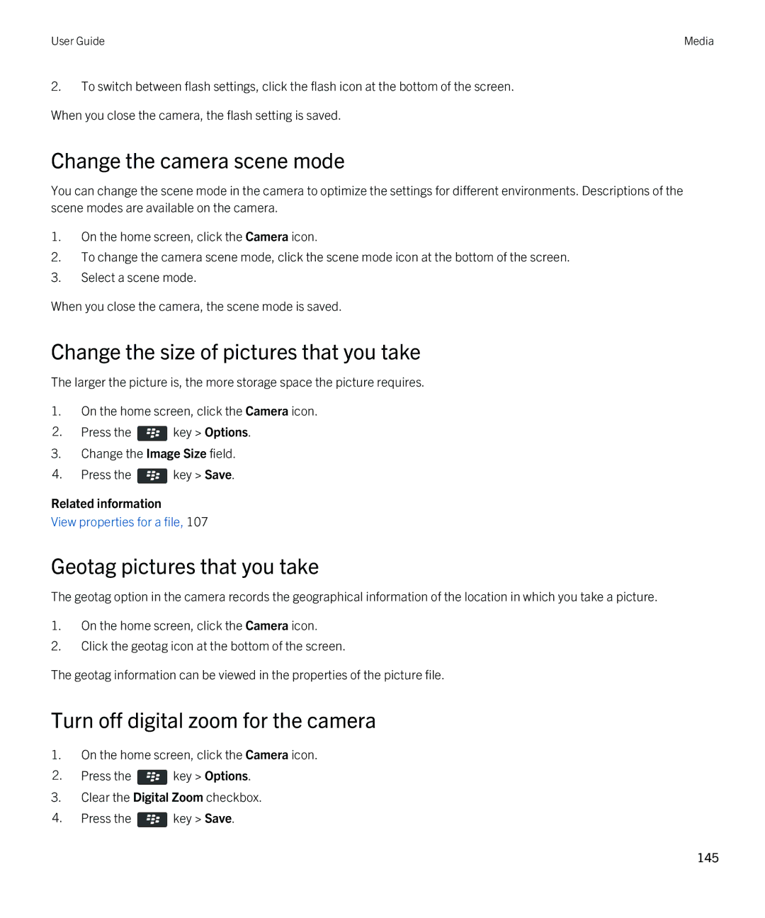 Blackberry 9380 Change the camera scene mode, Change the size of pictures that you take, Geotag pictures that you take 