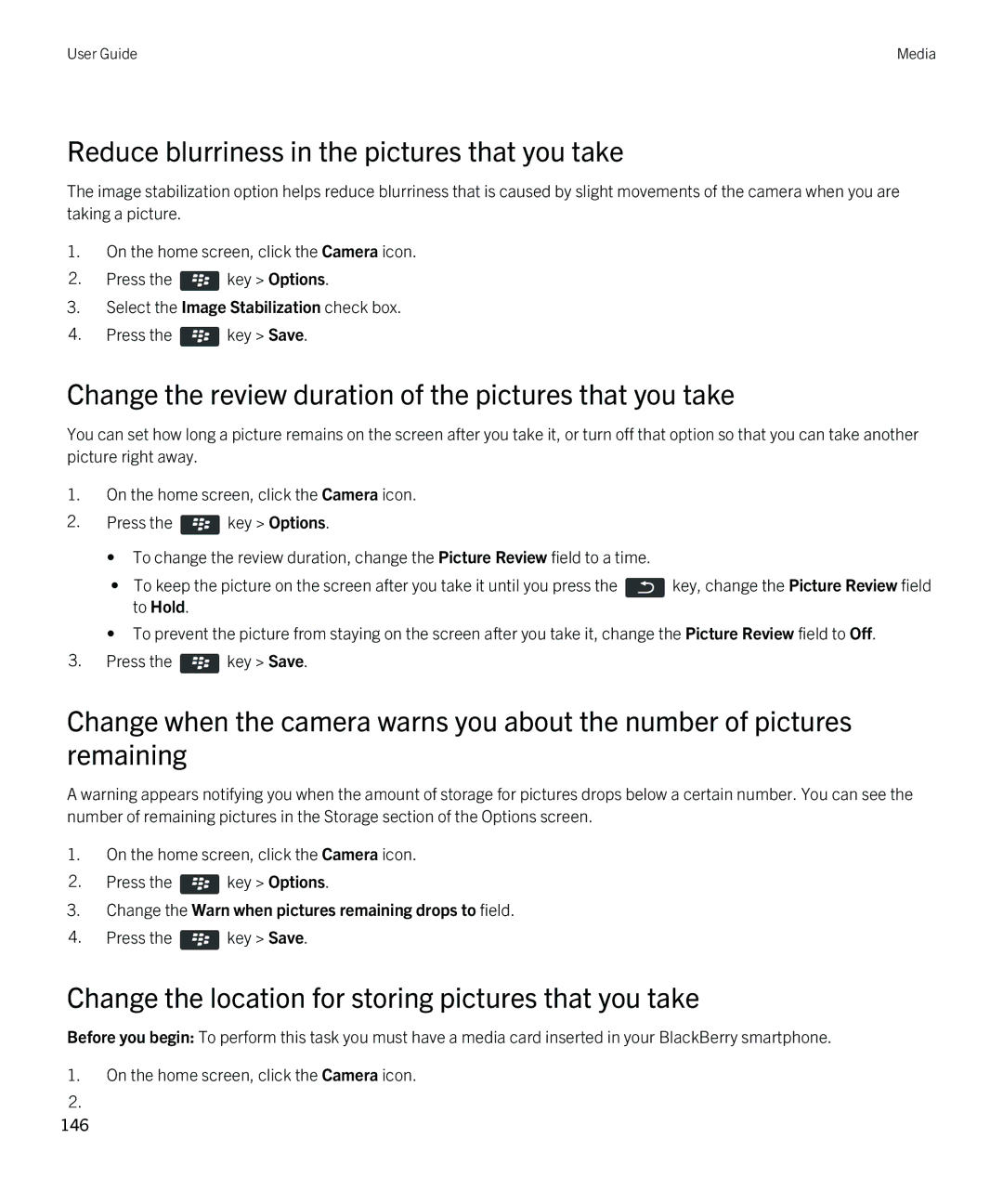 Blackberry 9380 Reduce blurriness in the pictures that you take, Change the review duration of the pictures that you take 