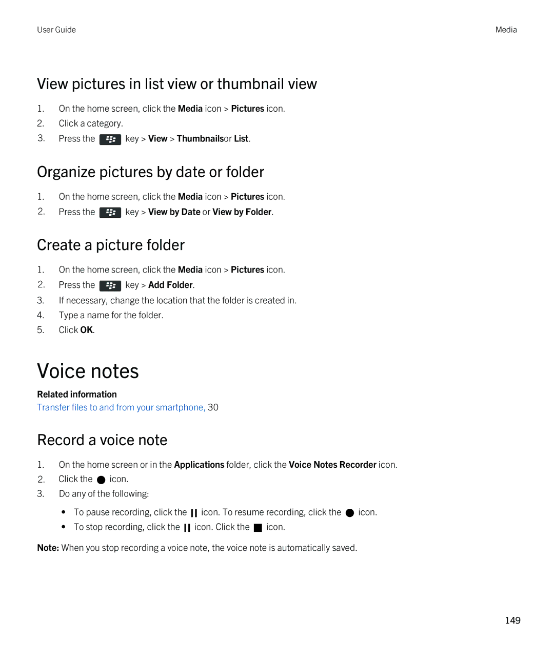 Blackberry 9380 manual Voice notes, View pictures in list view or thumbnail view, Organize pictures by date or folder 