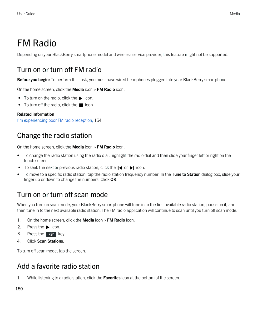 Blackberry 9380 manual FM Radio, Turn on or turn off FM radio, Change the radio station, Turn on or turn off scan mode 