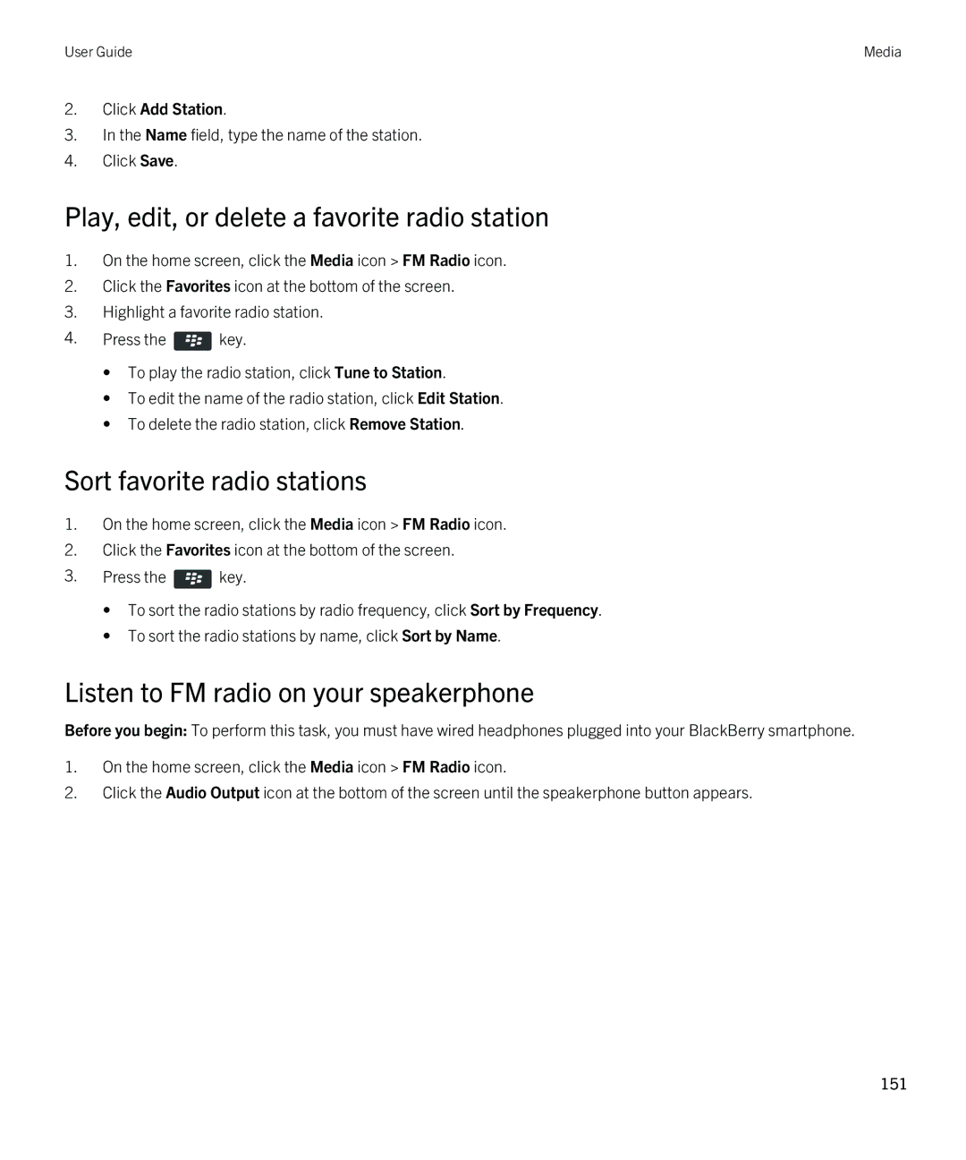 Blackberry 9380 manual Play, edit, or delete a favorite radio station, Sort favorite radio stations, Click Add Station 