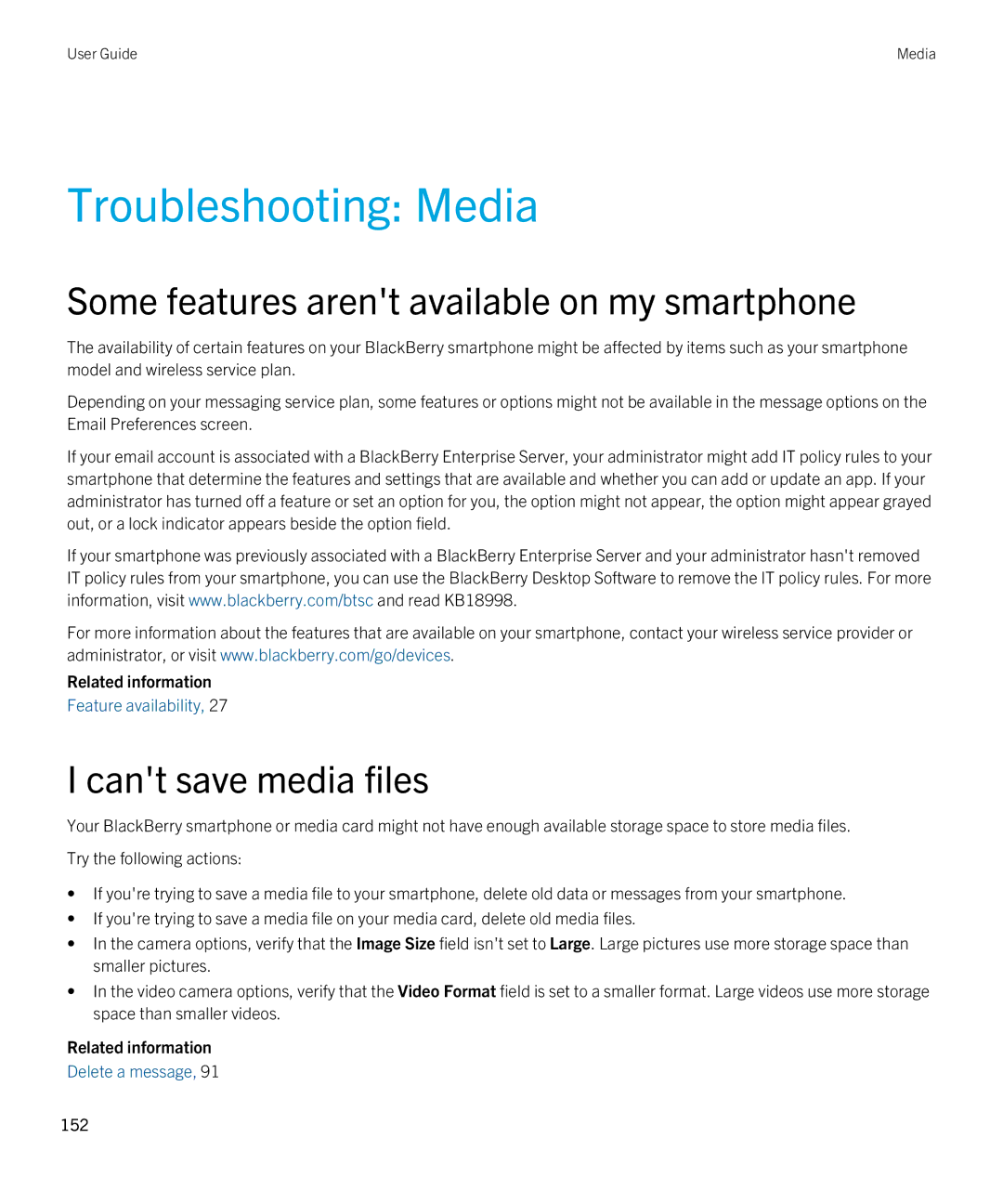 Blackberry 9380 manual Troubleshooting Media, Cant save media files 