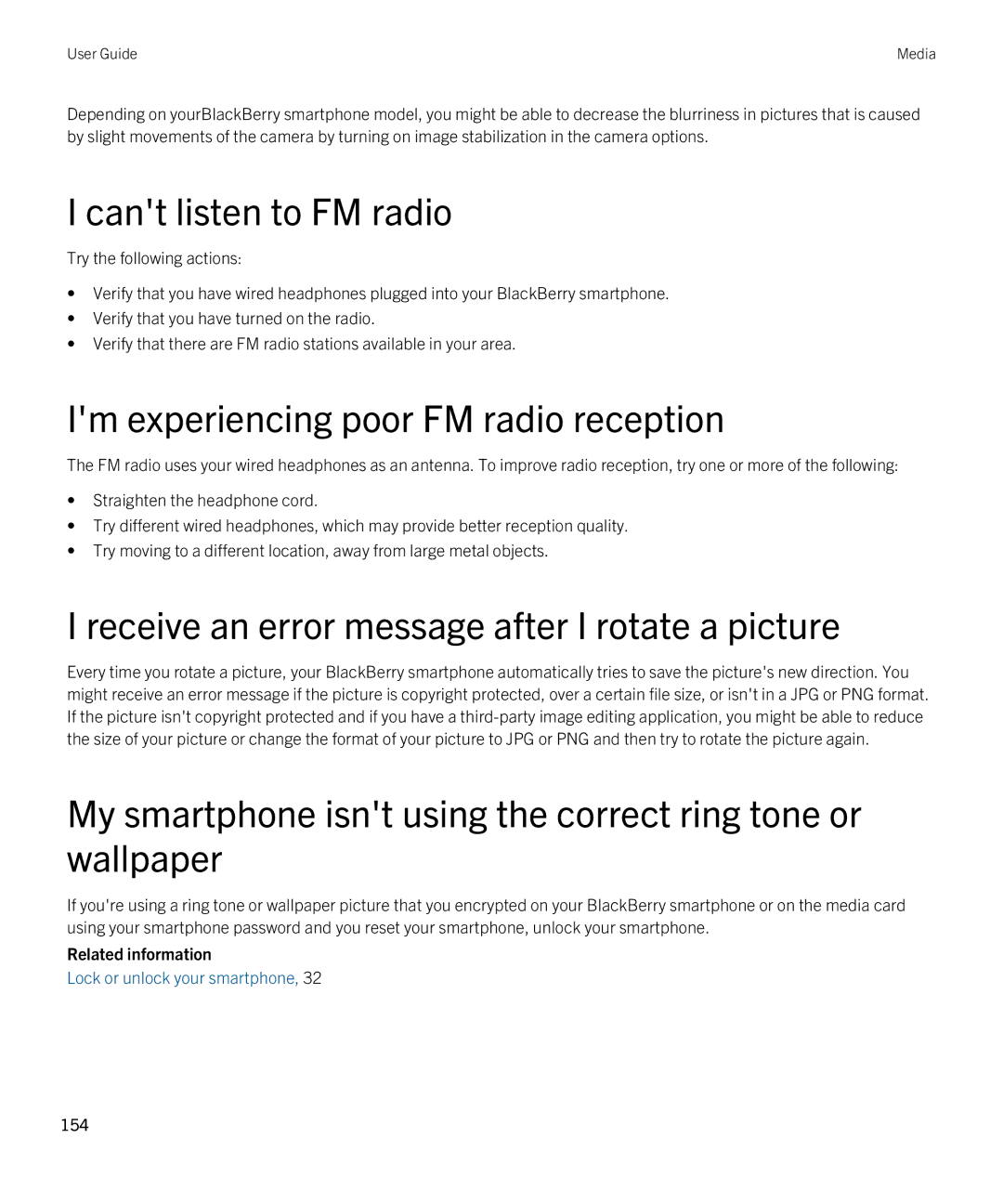 Blackberry 9380 manual Cant listen to FM radio, Im experiencing poor FM radio reception 