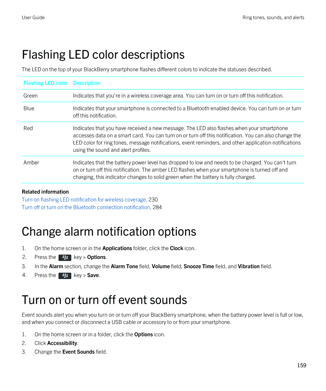 Blackberry 9380 manual Change alarm notification options, Turn on or turn off event sounds, Click Accessibility 