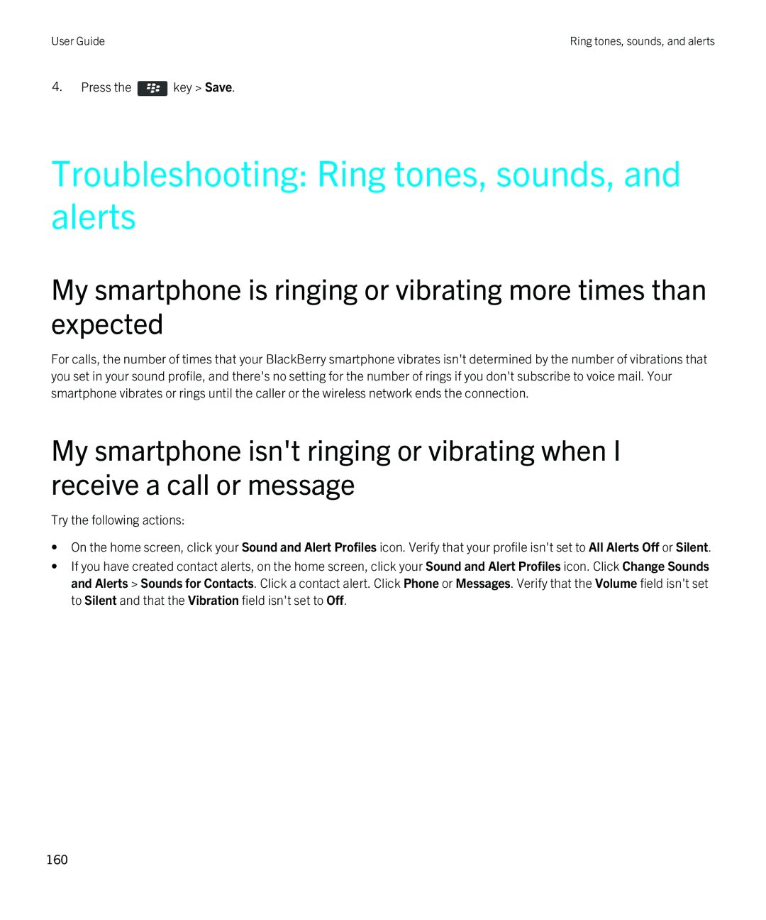 Blackberry 9380 manual Troubleshooting Ring tones, sounds, and alerts 