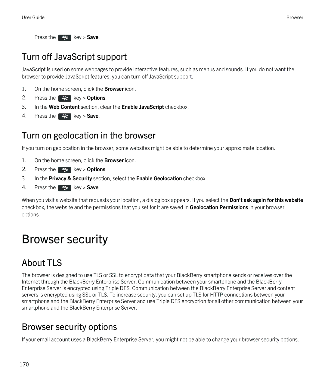 Blackberry 9380 manual Browser security, Turn off JavaScript support, Turn on geolocation in the browser, About TLS 