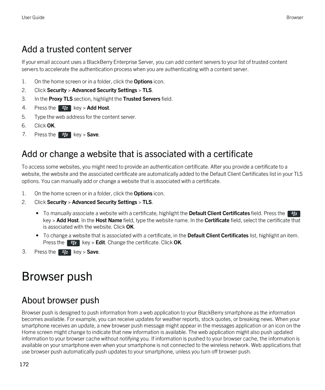 Blackberry 9380 manual Browser push, Add a trusted content server, About browser push 