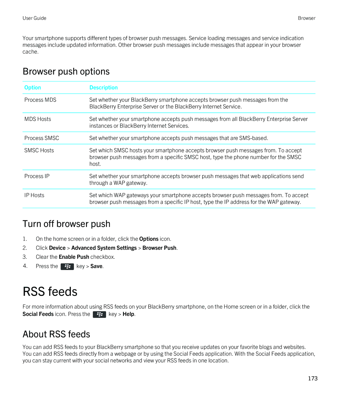 Blackberry 9380 manual Browser push options, Turn off browser push, About RSS feeds 